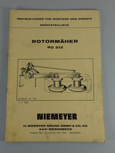 Teilekatalog / Instruktion Montage + Einsatz Niemeyer Rotormäher RO 212 11/1980