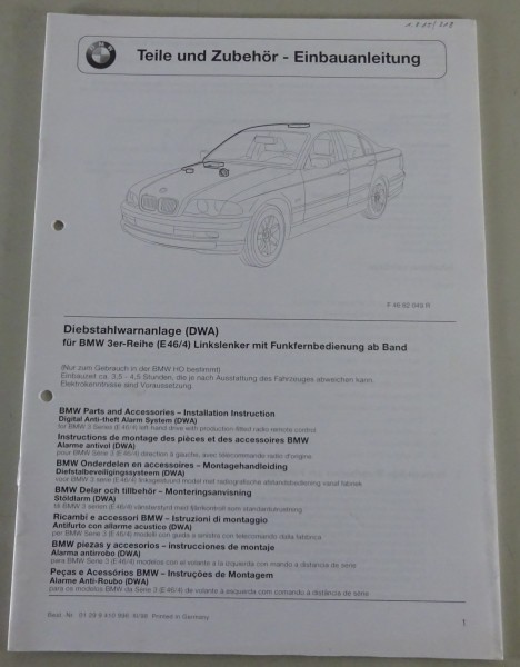 Einbauanleitung BMW 3er E46 Diebstahlwarnanlage + Funkfernbedienung Stand 3/1998