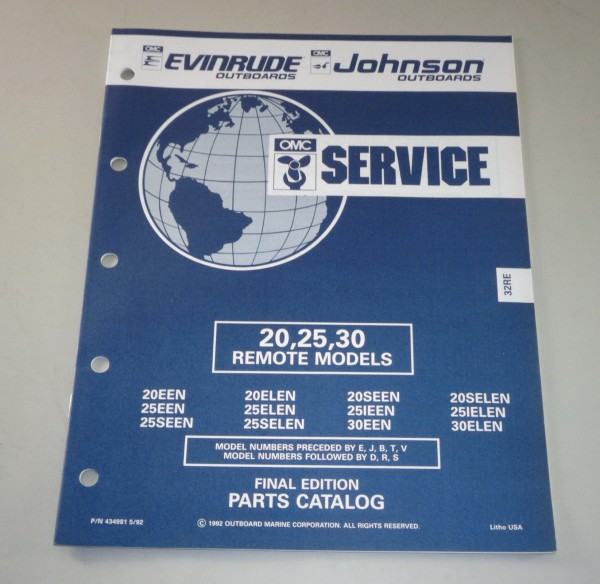 Teilekatalog OMC Evinrude Johnson Außenborder 20 / 25 / 30 Remote Models 1992
