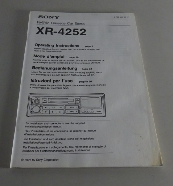 Betriebsanleitung Autoradio / Cassette Car Stereo Sony XR-4252 Stand 1991