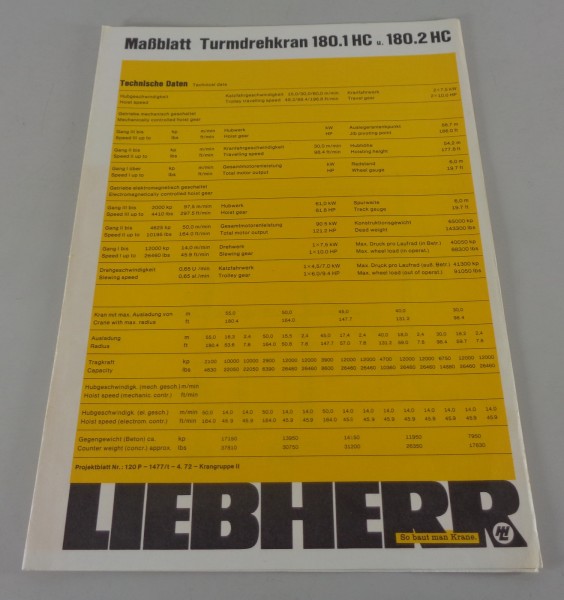 Datenblatt Liebherr Turmdrehkran 180.1 HC u. 180.2 HC von 04/1972