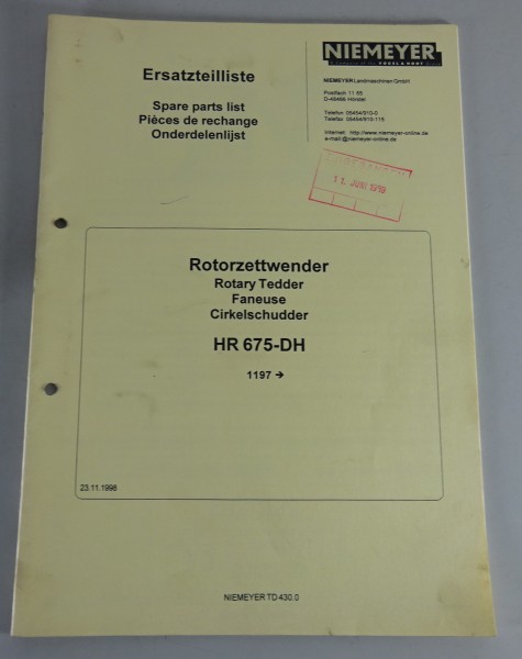 Teilekatalog / Spare Parts List Niemeyer Rotor-Zettwender HR 51-DH von 12/1995
