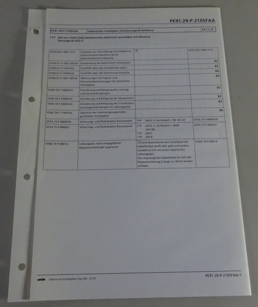 Schaltplan Mercedes-Benz W204 Sitzsteuergerät Beifahrer | Typ 204 | Stand 12/10