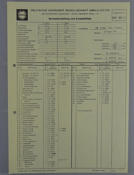 Kennblatt + Teilekatalog Solex Vergaser 31 PICT-3 für VW 1302 Käfer ab 08/1971