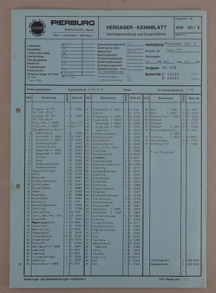 Kennblatt + Teilekatalog Pierburg Vergaser 40 TIN für Porsche 911 T ab 08/1971