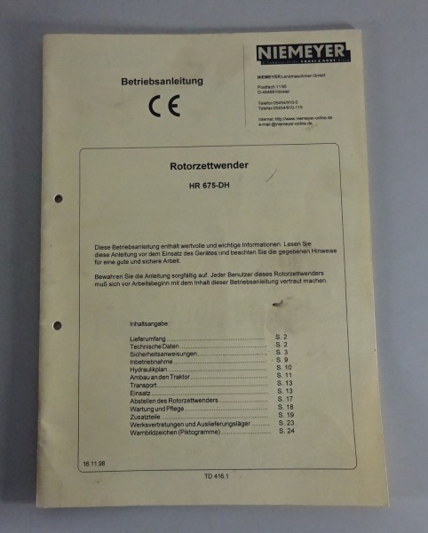 Betriebsanleitung / Handbuch Niemeyer Rotorzettwender HR 675-DH 11/1998