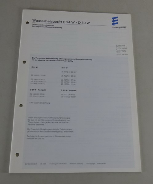 Reparaturanleitung/Störungssuche Eberspächer Hydronic 10 Stand 11/1998