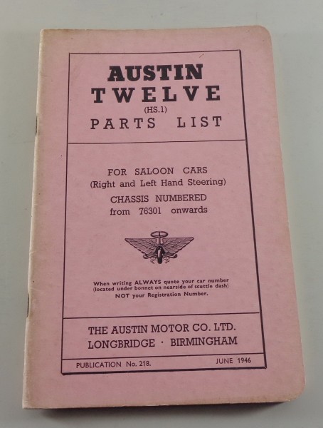 Teilekatalog / Spare Parts list Austin Twelve HS.1 von 06/1946