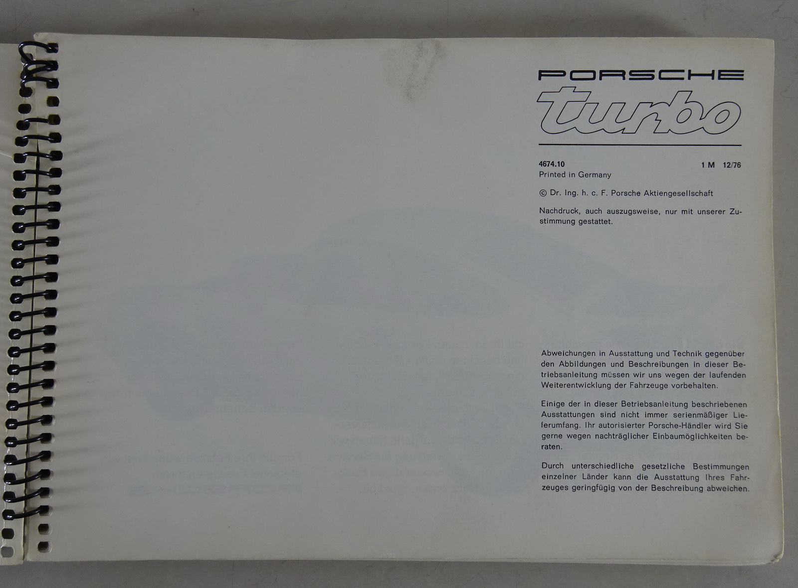 Betriebsanleitung & Pflegepass Modelljahr 1980 für den Porsche 911 Turbo 