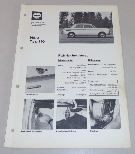 Shell Schmierplan für NSU Typ 110 Stand 12/1965