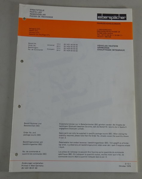 Teilekatalog / Ersatzteilliste Eberspächer Heizgeräte D7L Stand 10/1976