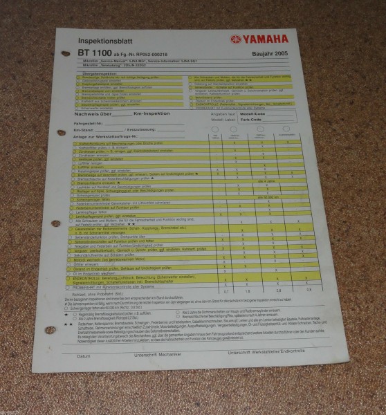 Inspektionsblatt Yamaha BT 1100 Typ RP 052 Stand 2005