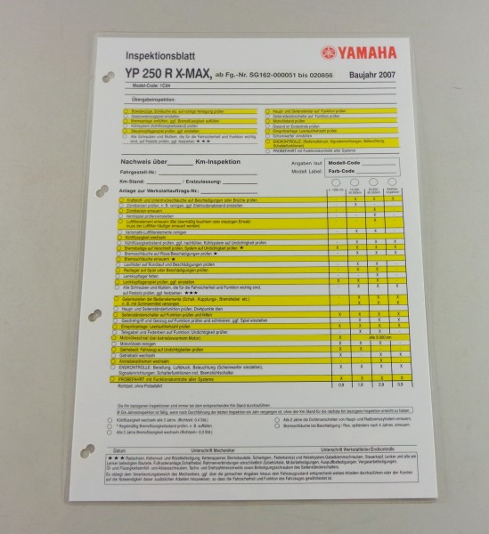 Inspektionsblatt Yamaha YP 250 R X-Max Typ SG 162 Stand 2007