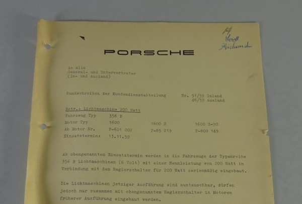 Kundendienst-Schreiben Porsche 356 B 1600 / 1600 S / 1600 S-90 Lichtmaschine ´59