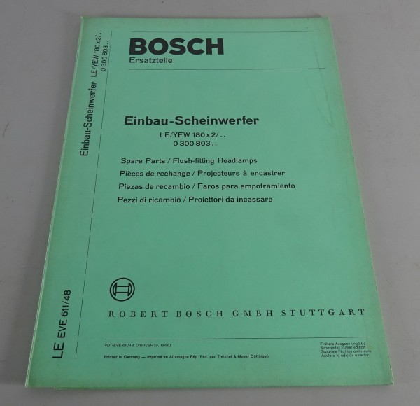 Teilekatalog Bosch Einbau-Scheinwerfer LE/YEW 180x2/.. Stand 09/1966