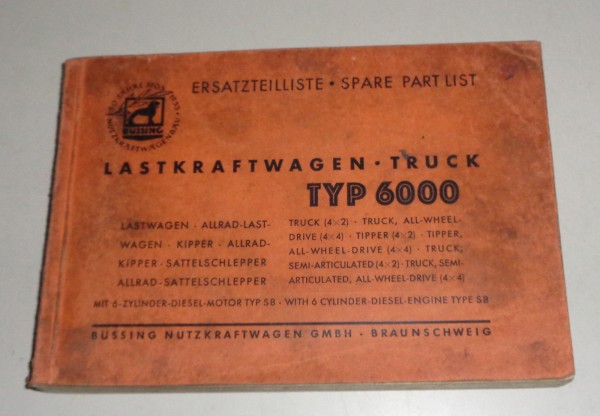 Teilekatalog / Ersatzteilliste Büssing LKW 7 Truck Typ 6000 mit Motor S8 12/1952