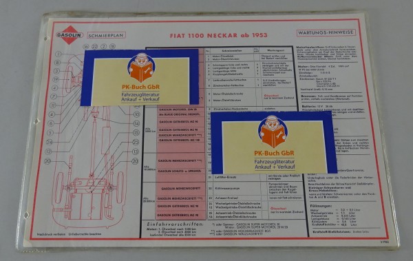 Gasolin Schmierplan für Fiat 1100 Neckar ab Baujahr 1953 Stand 03/1963