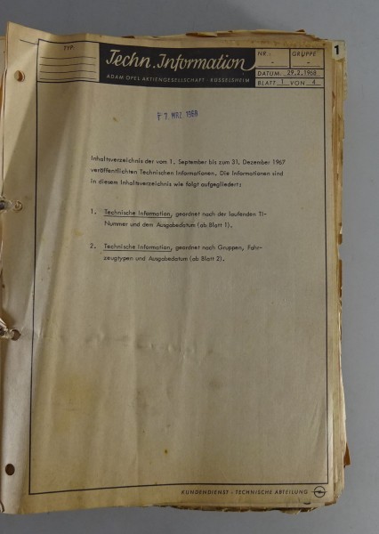 Technische Informationen Opel Rundschreiben Stand 1968 - 1972