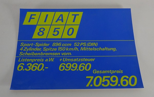 Preisschild Fiat Händler für Fiat 850 Sport-Spider Stand ca. 1968