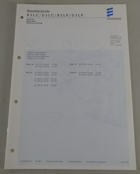 Teilekatalog Eberspächer Heizgeräte B3LC / D3LC / B3LP / D3LP con 06/1995