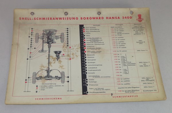 Shell Schmierplan für Borgward Hansa 2400 Stand 02/1954