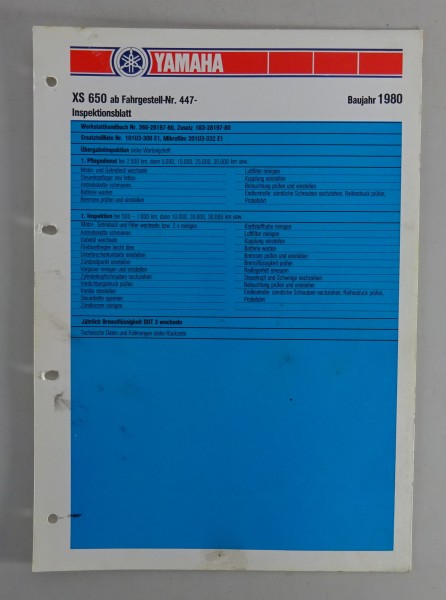 Inspektionsblatt Yamaha XS 650 SE Typ 3L1 Baujahr 1980