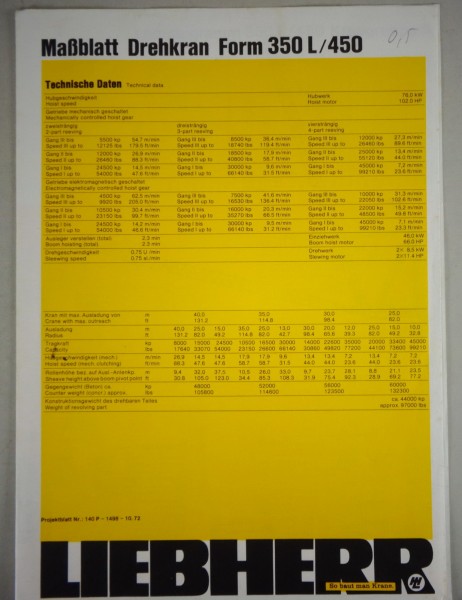 Datenblatt / Data sheet Liebherr Drehkran Form 350 L / 450 L Stand 10/1972