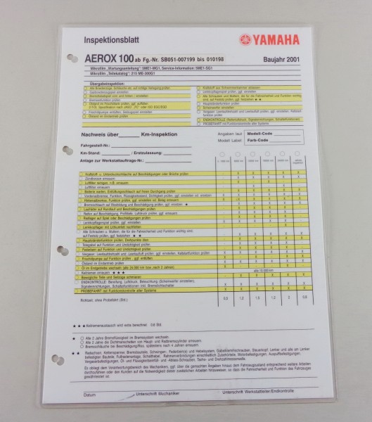 Inspektionsblatt Yamaha AEROX 100 Typ SB05 Stand 2001