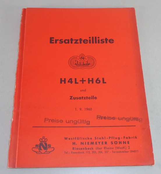 Teilekatalog / Ersatzteilliste Niemeyer Heuma H4L / H6L von 09/1960