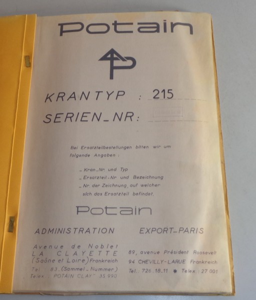 Teilekatalog / Liste des pièces détachées Potain 215 Kran / grue Stand 02/1968