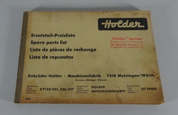 Teilekatalog / Ersatzteilliste Holder Spritzen Stand 01/1963