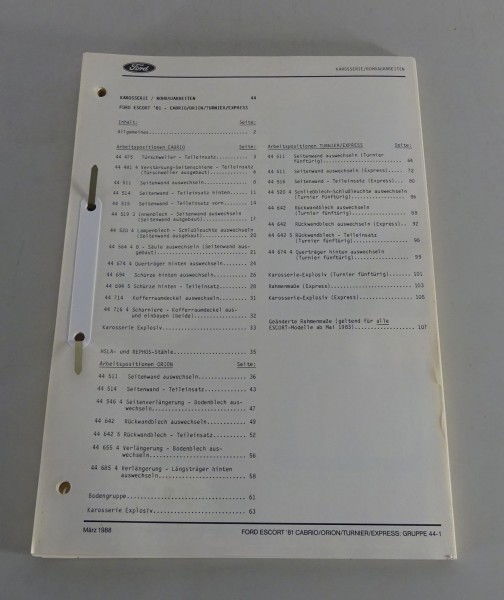 Werkstatthandbuch Karosserie / Rohbauarbeiten Ford Escort ´81 - Cabrio, Orion...