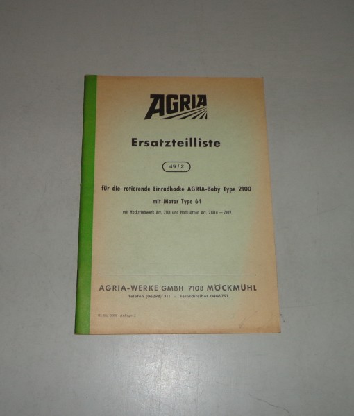 Teilekatalog / Ersatzteilliste Agria Baby Typ 2100 Einradhacke Stand 1965