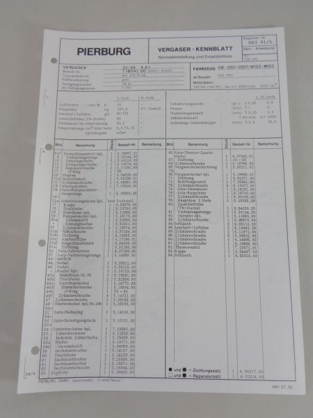 Kennblatt + Teilekatalog Pierburg Vergaser 4A1 Mercedes 250 / T - W123 von 1982