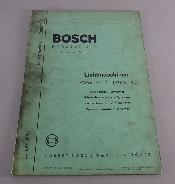 Teilekatalog Bosch Lichtmaschinen LJ/GKM.. A.. / LJ/GKM.. C.. Stand 08/1960