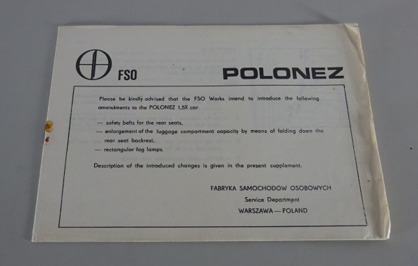 Owner´s Manual / Handbook Supplement FSO Polonez from 1982