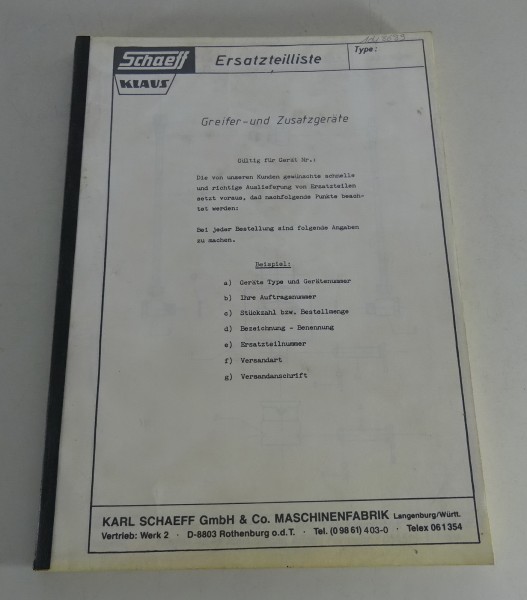 Ersatzteilliste / Teilekatalog Schaeff Greifer- und Zusatzgeräte