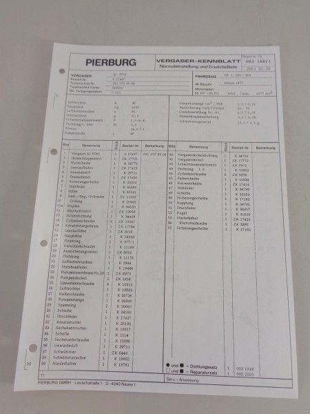 Kennblatt + Teilekatalog Pierburg Vergaser 40 PDSI Mercedes T1 L208 / 308 1978