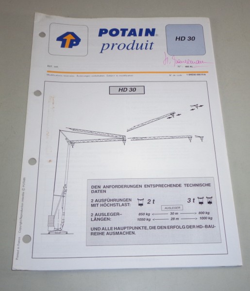 Produkt Datenblatt Potain Kran HD 30