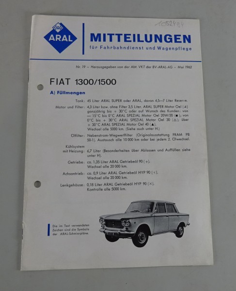 Service Mitteilung Aral Fiat 1300 / 1500 Stand 05/1962