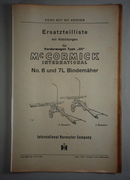 Teilekatalog McCormick International No. 6 und 7L Bindemäher