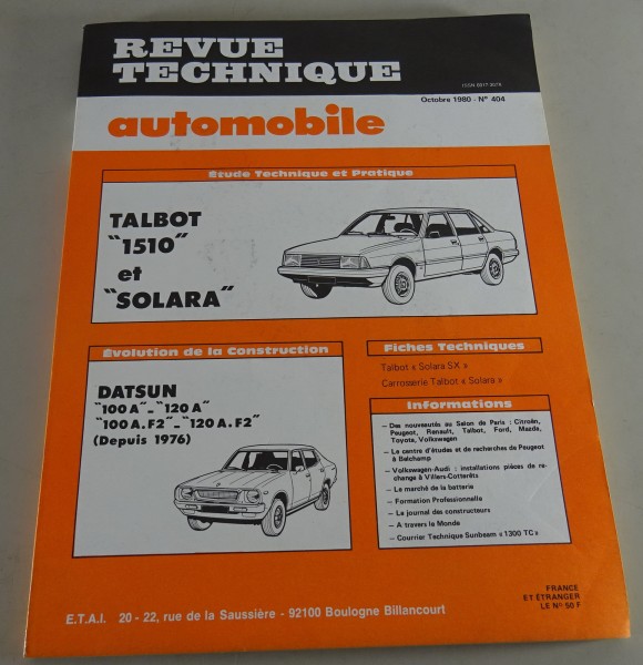 Reparaturanleitung Revue Technique Talbot 1510 & Solara / Datsun 100 A 10/1980