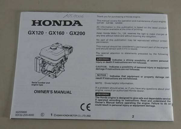 Owner´s Manual Honda Generator GX120 GX160 GX200 Stand 2002