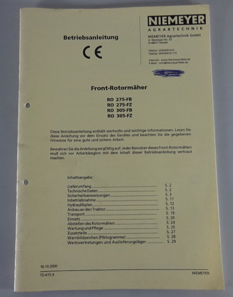 Betriebsanleitung Niemeyer Front-Rotormäher RO 275-FB/-FZ | 305-FB/-FZ v 10/2000