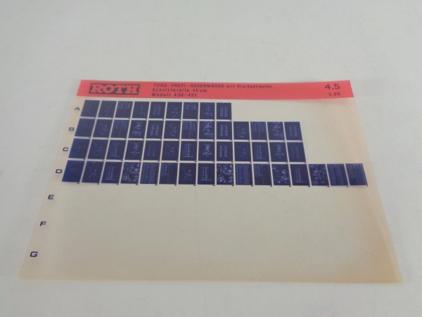 Microfich Teilekatalog Roth Toro - Profi - Rasenmäher 430 / 431 von 02/1986