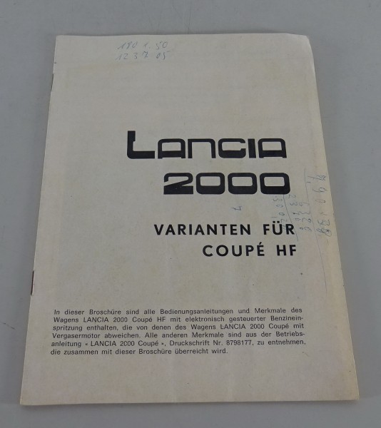 Betriebsanleitung Lancia 2000 Nachtrag für Coupe HF Ausgabe 01/1972