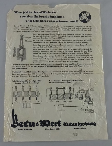 Prospekt / Prospektblatt Inbetriebnahme von Glühkerzen für Kraftfahrer