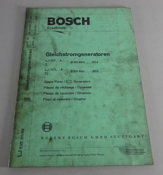 Teilekatalog Bosch Gleichstromgeneratoren LJ/GT.. A.. / T.. / TL.. von 11/1967