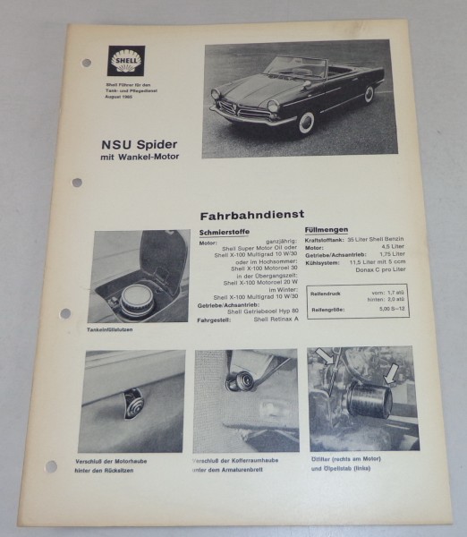 Shell Schmierplan für NSU Spider mit Wankel Motor Stand 08/1965