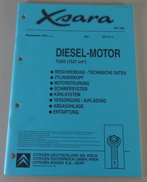 Werkstatthandbuch Citroen Xsara Diesel-Motor TUD5 (1527 cm³) Stand 05/1998